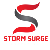 Logo of 'Storm Surge' with a stylized letter 'S' in red and gray on a white background.