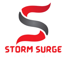 Logo of 'Storm Surge' with a stylized letter 'S' in red and gray on a white background.