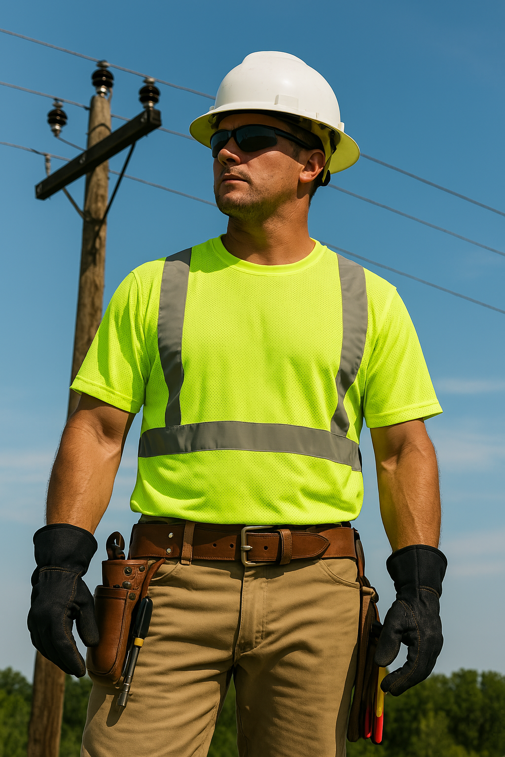 Lineman wearing high-vis summer gear and safety equipment, standing beside a utility pole under a clear blue sky, ready for storm response work.