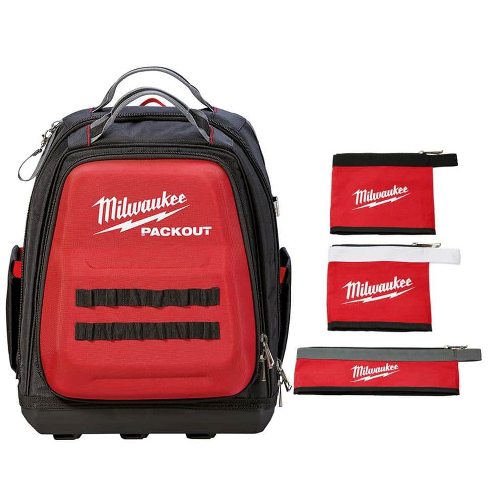 Milwaukee PACKOUT tool backpack with three red and black multi-size accessory zipper bags displayed beside it, designed for organized jobsite tool storage and transport.