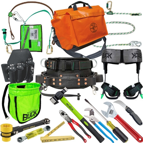 Essential lineman hand tools including cutters, crimpers, and pliers, stocked for storm restoration and daily utility work.