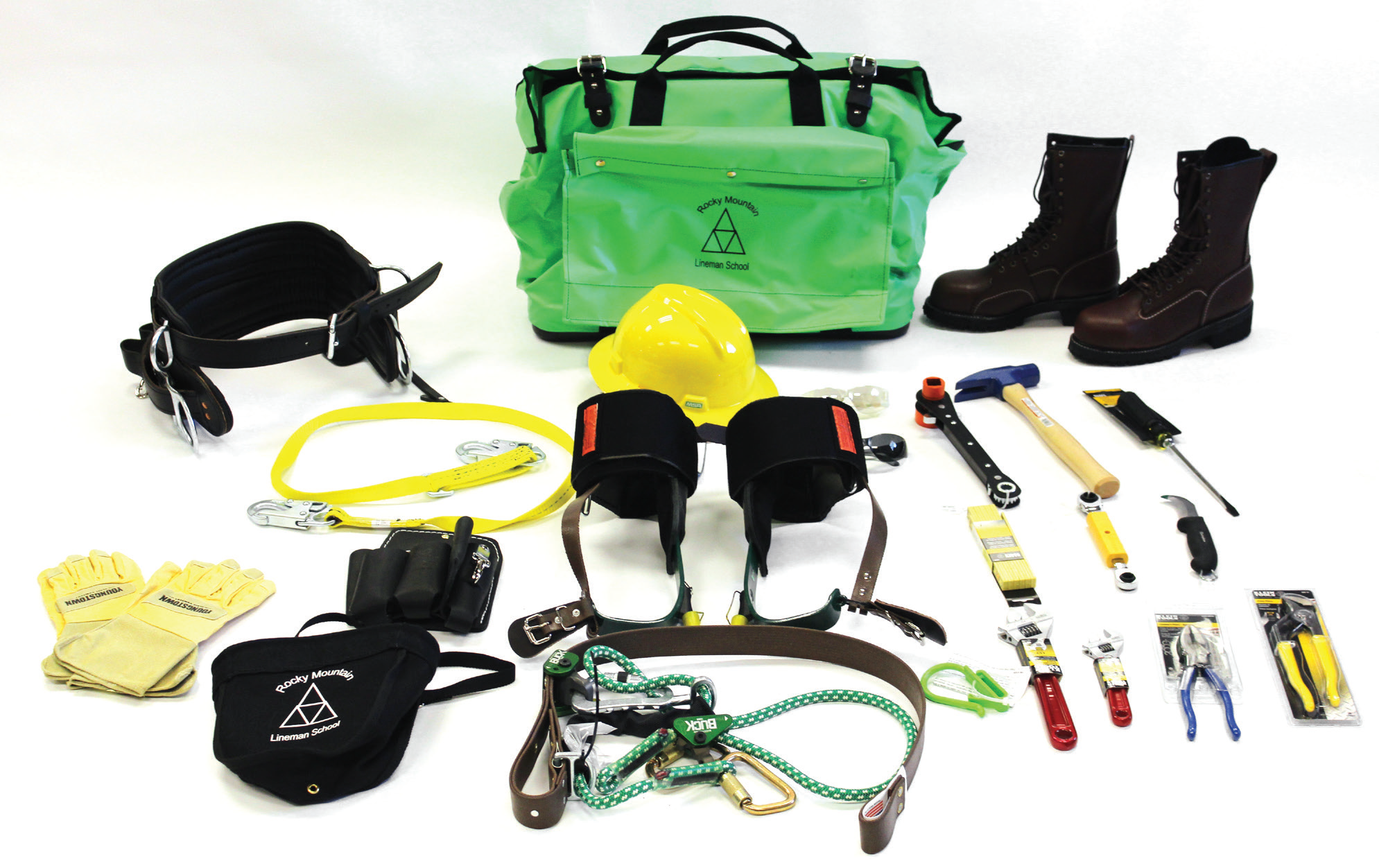 Essential starter gear and tool kit for apprentice linemen, including FR clothing, hand tools, and basic PPE