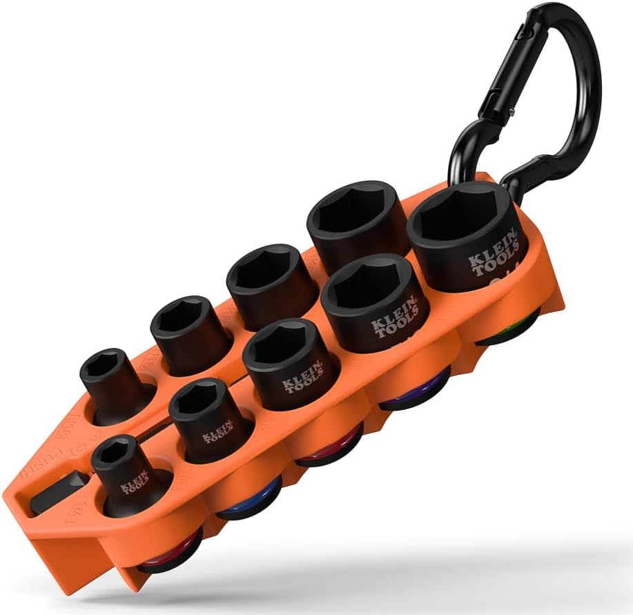 Klein Tools 33809 Grab-And-Go Impact Socket Set, SAE, 10-Piece Set with Sleeve, Carabiner, and 3/8-Inch Drive, Color-Coded 1/4, 5/16, 3/8, 7/16, 1/2, 9/16, 5/8, 11/16, and 3/4-Inch Sockets