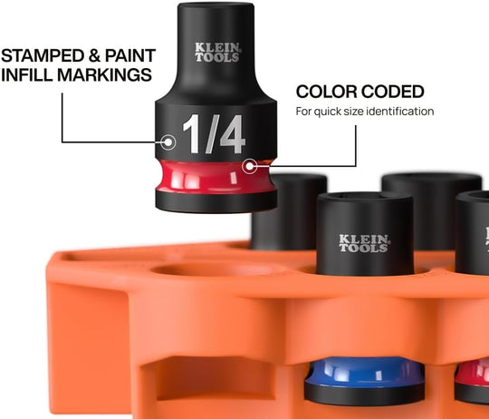 Klein Tools 33809 Grab-And-Go Impact Socket Set, SAE, 10-Piece Set with Sleeve, Carabiner, and 3/8-Inch Drive, Color-Coded 1/4, 5/16, 3/8, 7/16, 1/2, 9/16, 5/8, 11/16, and 3/4-Inch Sockets