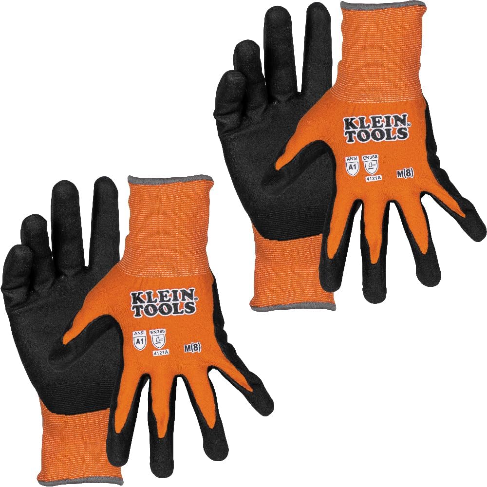 KLEIN TOOLS 60581 Work Gloves, Knit Dipped Cut Resistant ANSI A1 Nitrile Coated Gloves,Touchscreen Capable, Large, 2-Pair