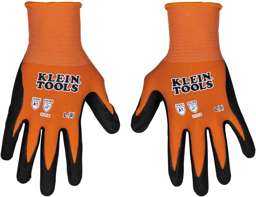 KLEIN TOOLS 60581 Work Gloves, Knit Dipped Cut Resistant ANSI A1 Nitrile Coated Gloves,Touchscreen Capable, Large, 2-Pair