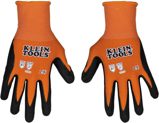 KLEIN TOOLS 60581 Work Gloves, Knit Dipped Cut Resistant ANSI A1 Nitrile Coated Gloves,Touchscreen Capable, Large, 2-Pair