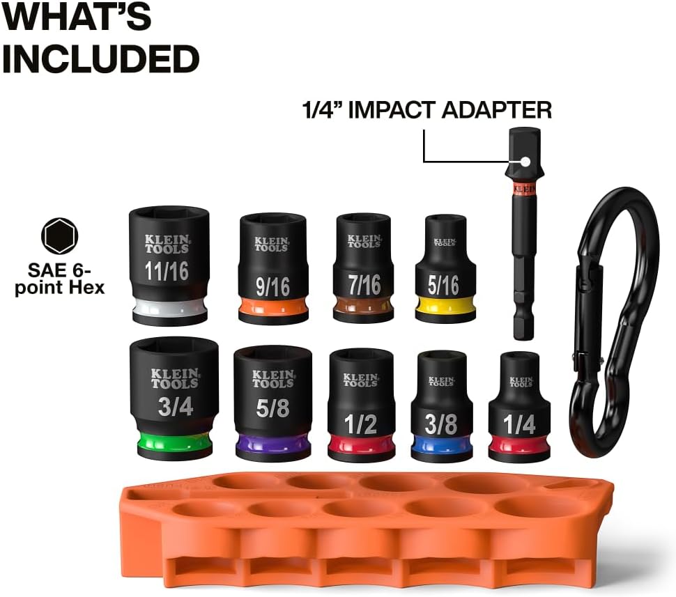 Klein Tools 33809 Grab-And-Go Impact Socket Set, SAE, 10-Piece Set with Sleeve, Carabiner, and 3/8-Inch Drive, Color-Coded 1/4, 5/16, 3/8, 7/16, 1/2, 9/16, 5/8, 11/16, and 3/4-Inch Sockets