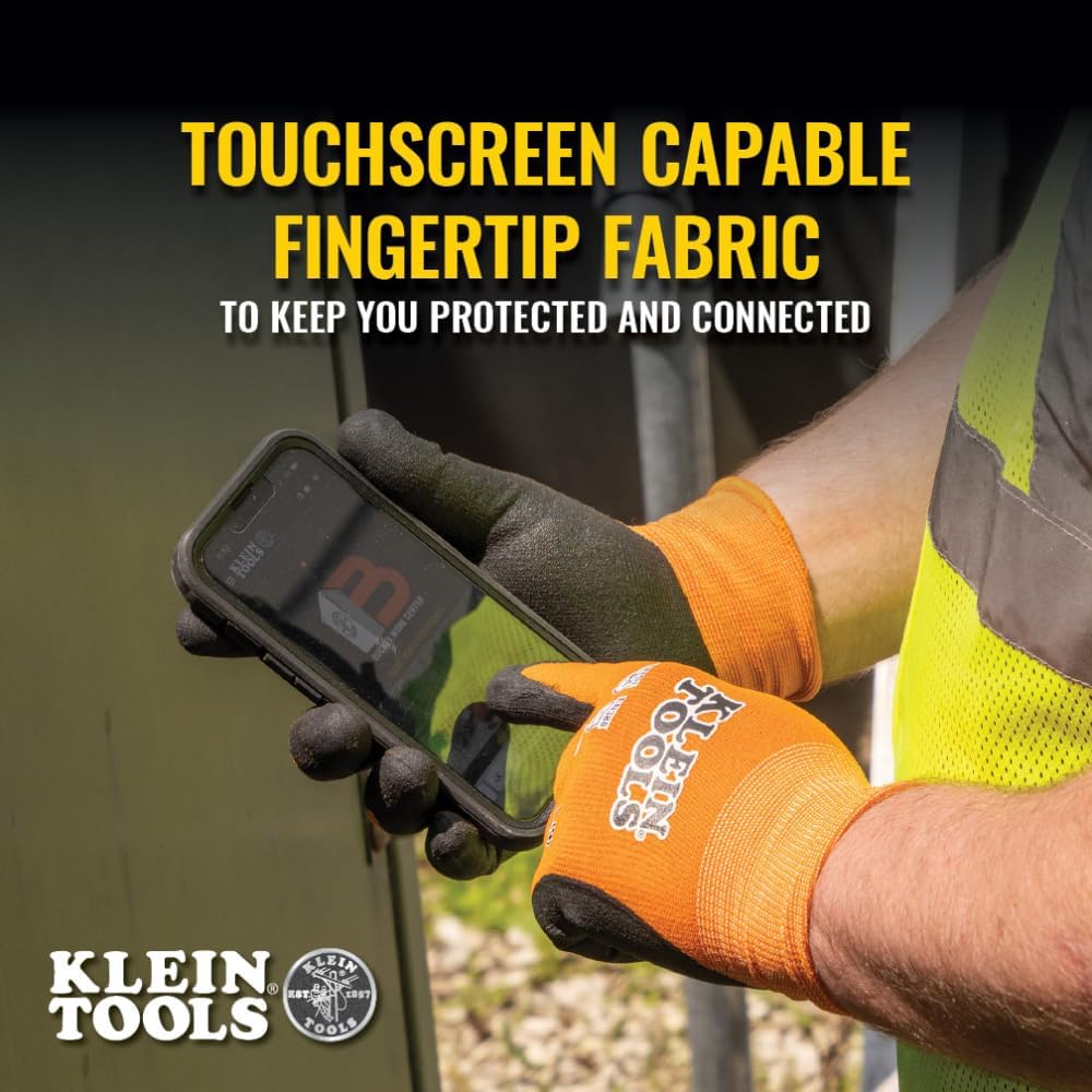 KLEIN TOOLS 60581 Work Gloves, Knit Dipped Cut Resistant ANSI A1 Nitrile Coated Gloves,Touchscreen Capable, Large, 2-Pair
