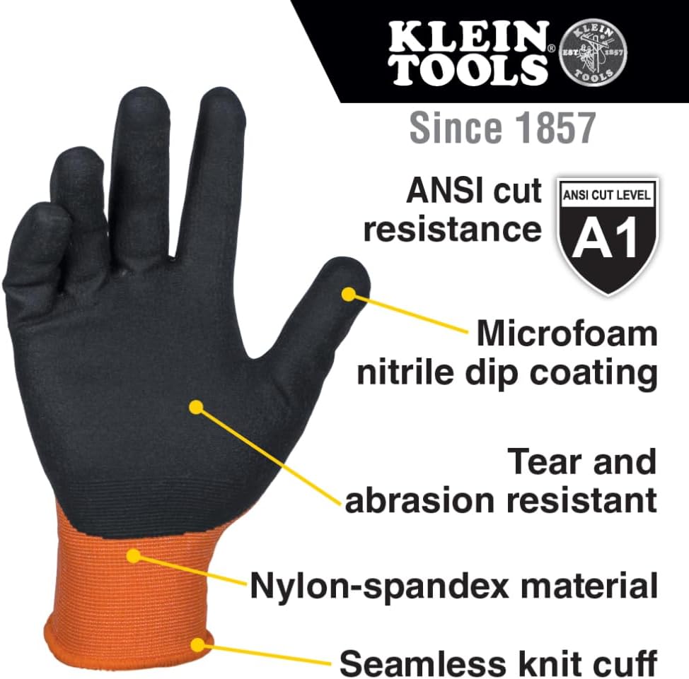 KLEIN TOOLS 60581 Work Gloves, Knit Dipped Cut Resistant ANSI A1 Nitrile Coated Gloves,Touchscreen Capable, Large, 2-Pair