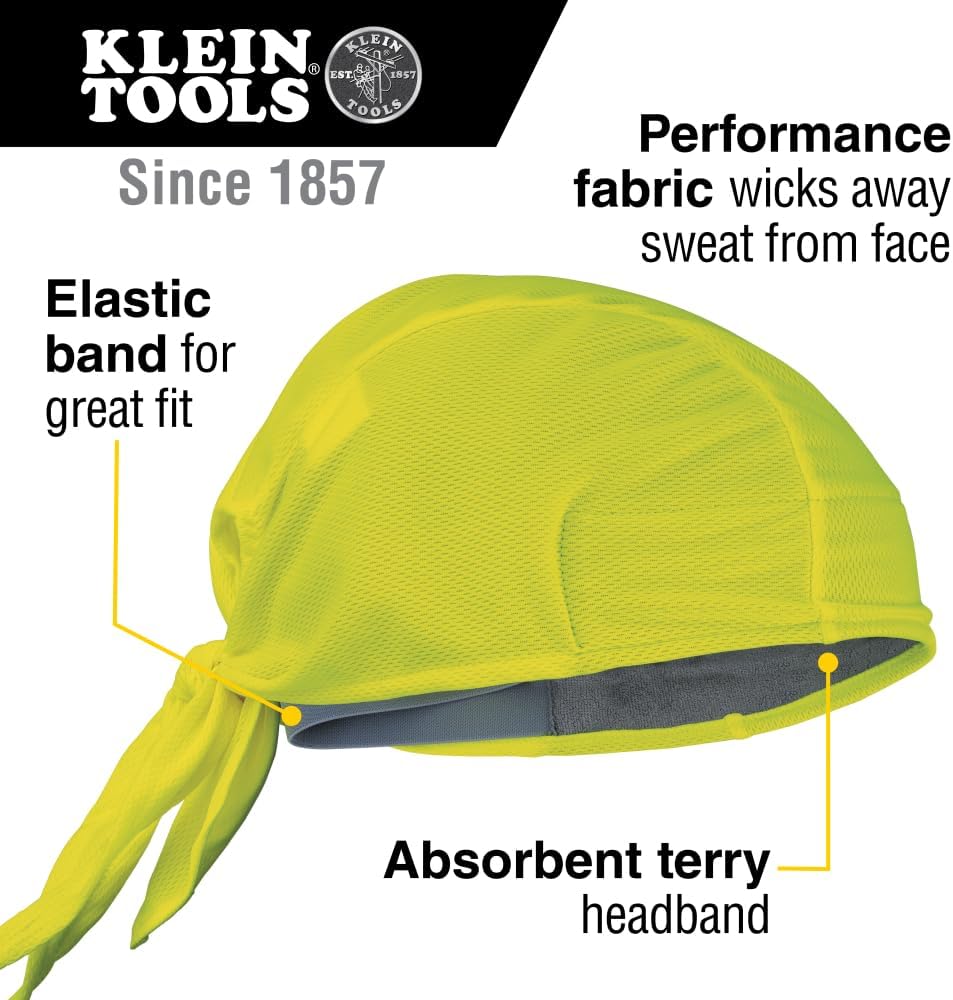 Klein Tools 60546 Cooling Do Rag, Sweat Wicking under Helmet Skull Cap in High-Visibility Yellow, 2-Pack