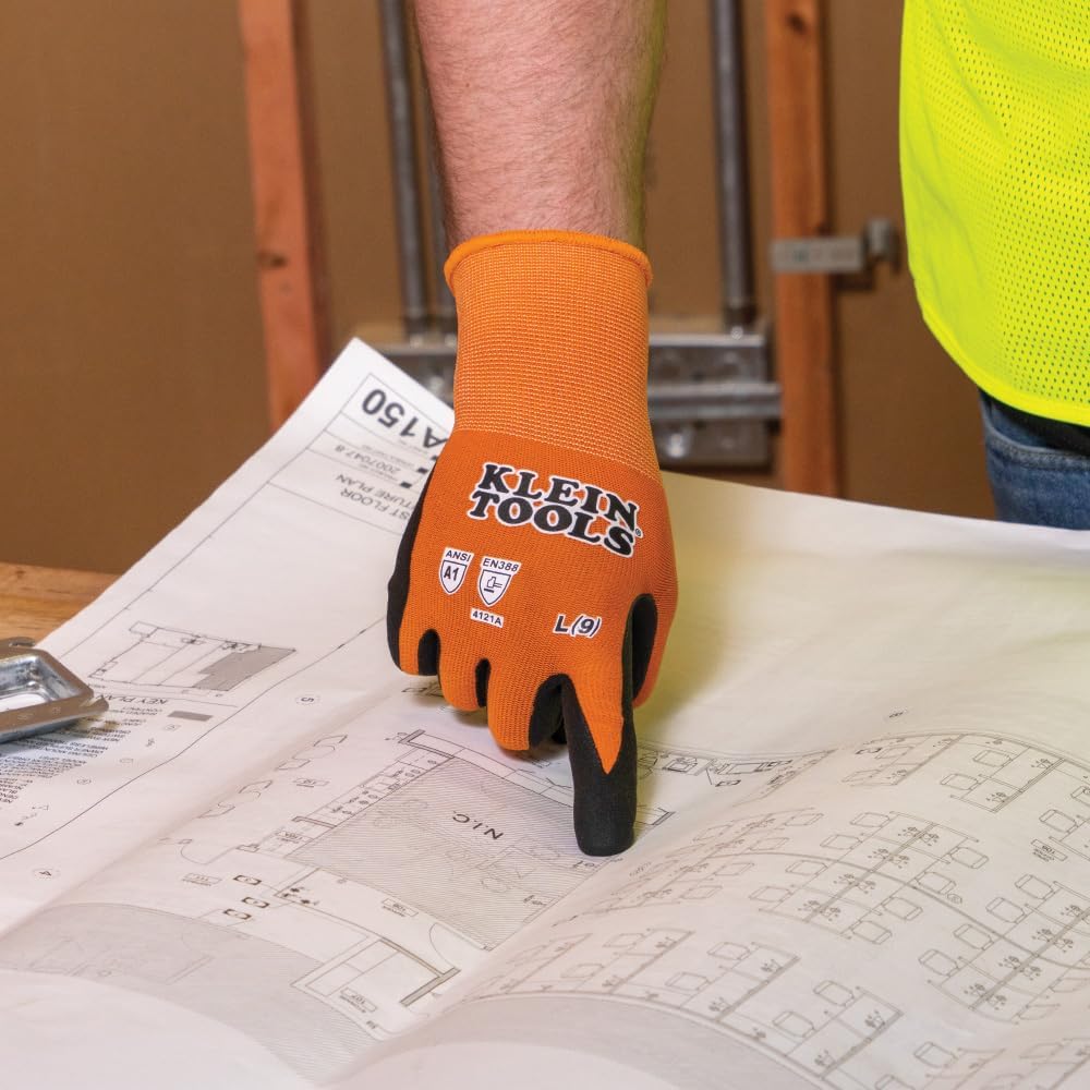 KLEIN TOOLS 60581 Work Gloves, Knit Dipped Cut Resistant ANSI A1 Nitrile Coated Gloves,Touchscreen Capable, Large, 2-Pair