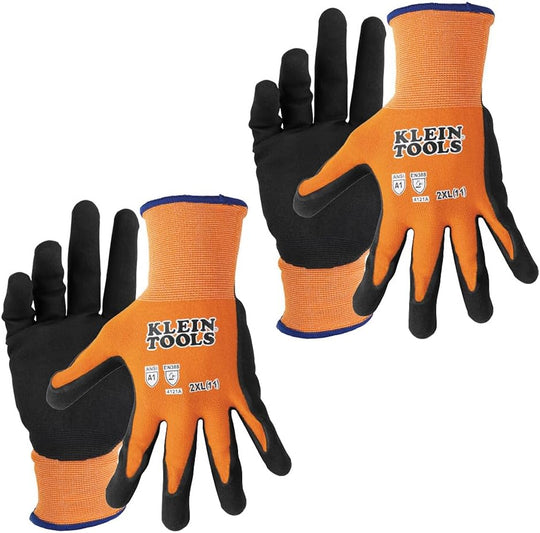 KLEIN TOOLS 60581 Work Gloves, Knit Dipped Cut Resistant ANSI A1 Nitrile Coated Gloves,Touchscreen Capable, Large, 2-Pair