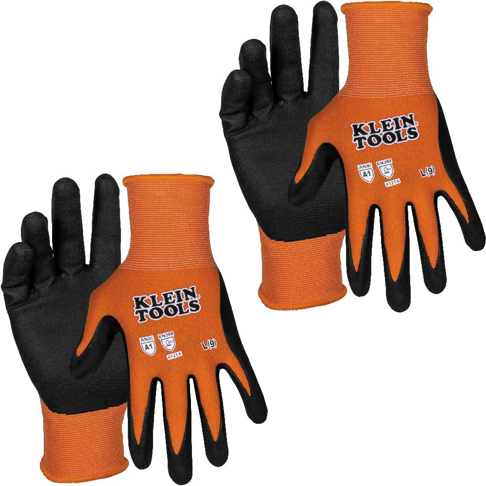 KLEIN TOOLS 60581 Work Gloves, Knit Dipped Cut Resistant ANSI A1 Nitrile Coated Gloves,Touchscreen Capable, Large, 2-Pair