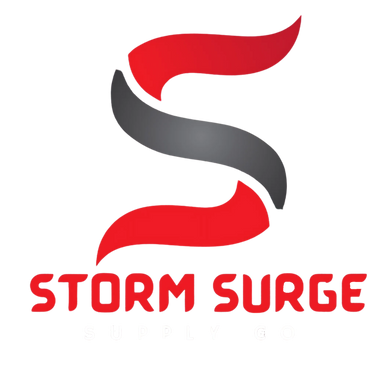 Logo of 'Storm Surge' with a stylized letter 'S' in red and gray on a white background.