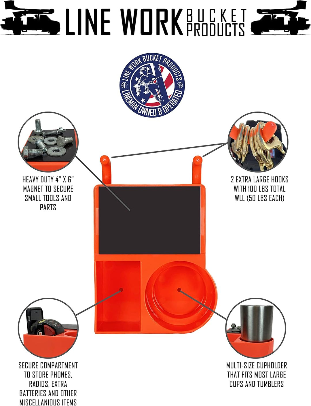 The 4N1 Bucket Truck Tool Organizer with Magnet, Bucket Hooks, Cup Holder and Storage
